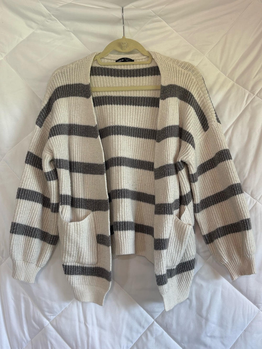 White & Gray Striped Open-Front Women's Sweater Cardigan